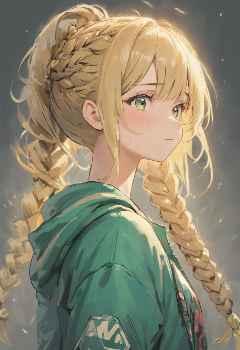 half body portrait of a beautiful woman in a sweater and cargo military camouflage pants with blonde braided bangs hairstyle with head in motion and hair flying, paint splashes, splatter, outrun, vaporware, shaded flat illustration, digital art, trending on artstation, highly detailed, fine detail, intricate