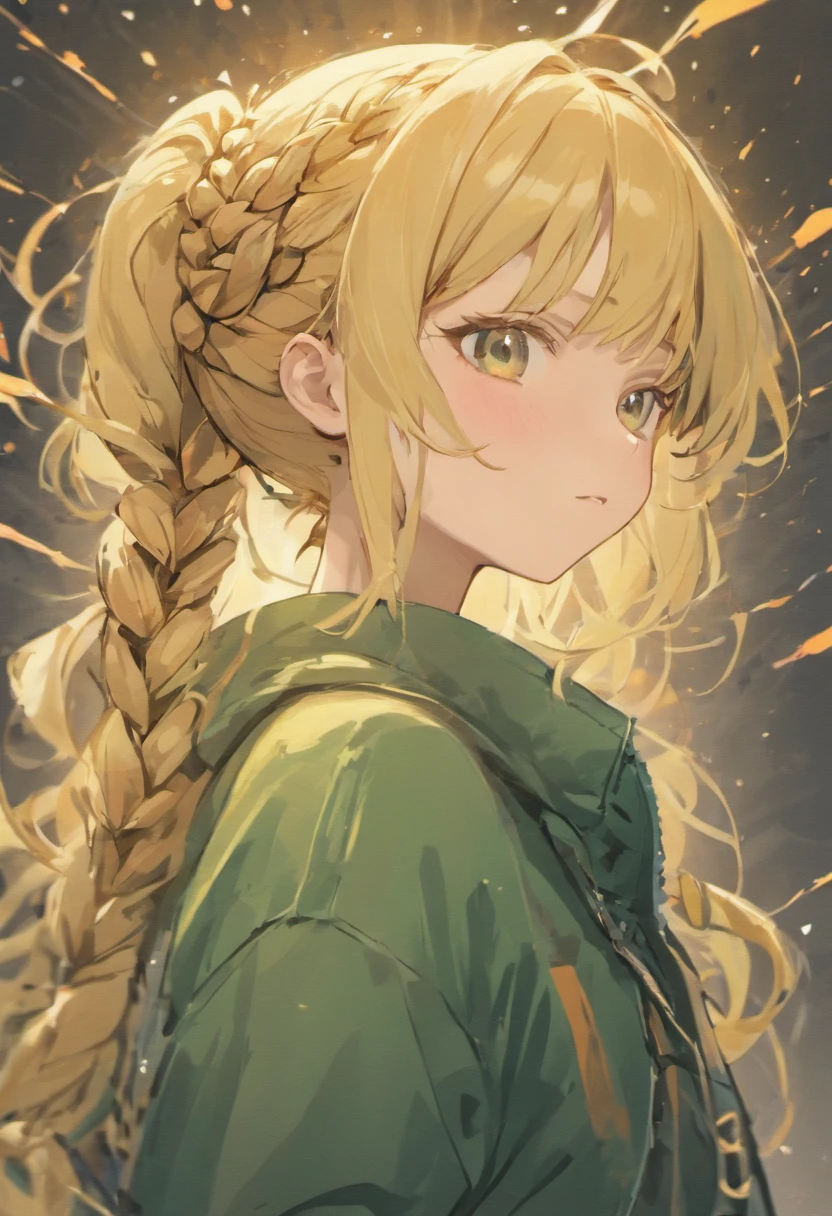 half body portrait of a beautiful woman in a sweater and cargo military camouflage pants with blonde braided bangs hairstyle with head in motion and hair flying, paint splashes, splatter, outrun, vaporware, shaded flat illustration, digital art, trending on artstation, highly detailed, fine detail, intricate