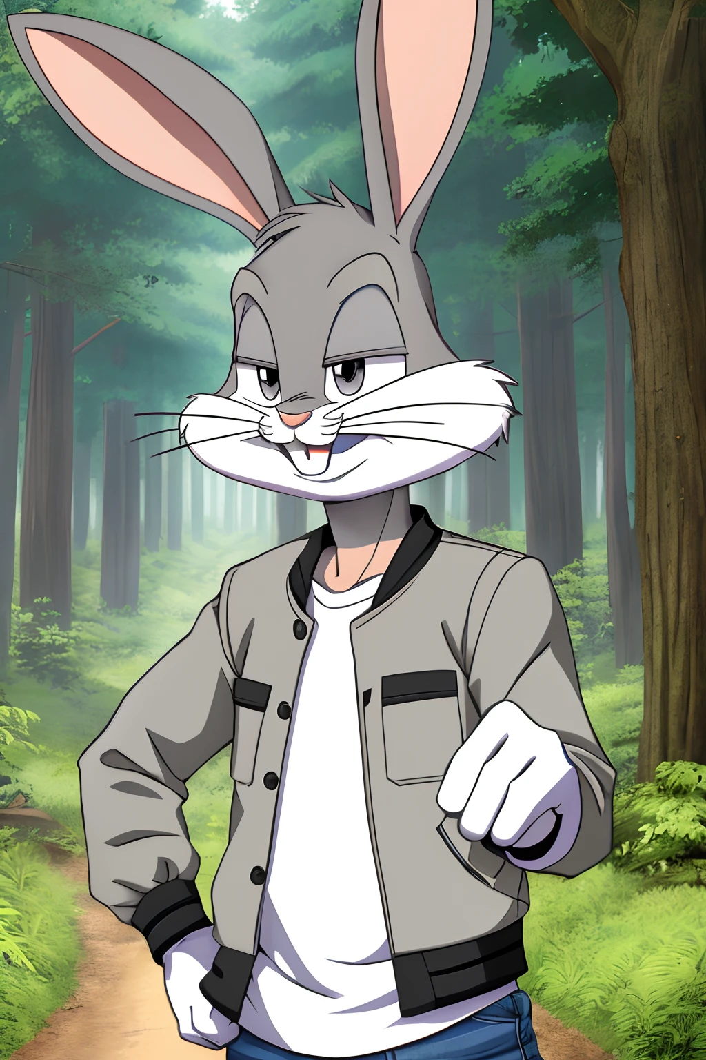 gloves, male, solo, bugs bunny, rabbit, buckteeth, forest, long ears, grey body, grey fur, white fur,furry,anime style, anime screencap, 2010s_\(style\), grin, forest, upper body, short-sleeved jacket with white lining