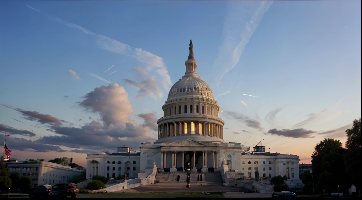 A view of the Capitol building at sunset with a flag flying in the foreground, Capitol, Capitol Building