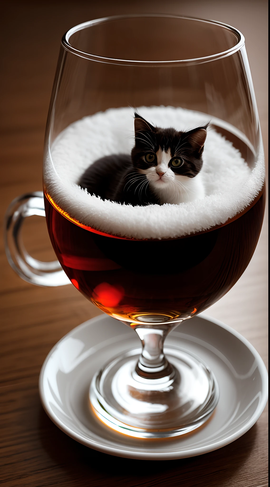 Cute kitten in tea glass, centered, photorealistic, intricate details, cinematic