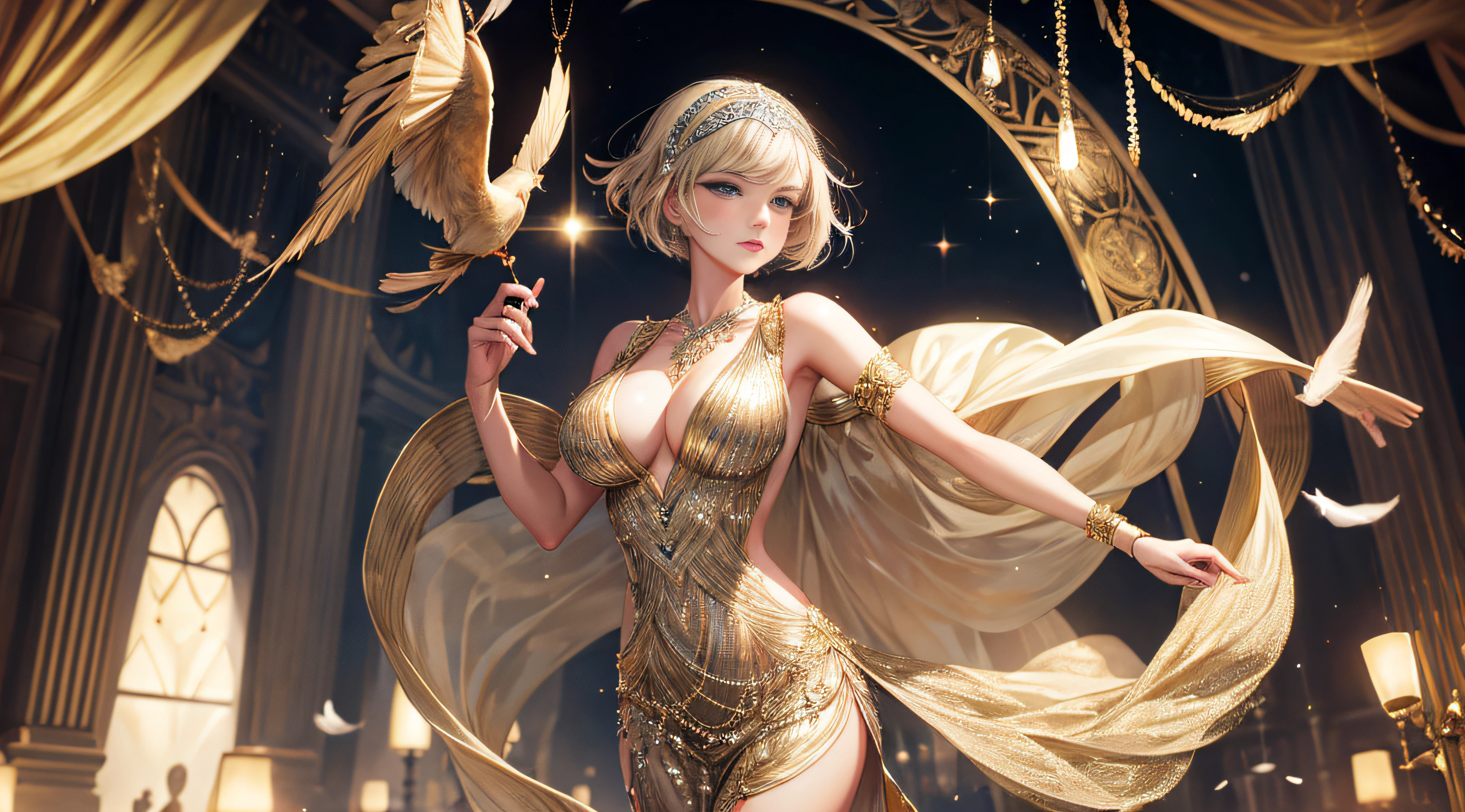 Glamorous Gatsby-Inspired Portraits: Create elegant and timeless portraits of a Flapper with large breast in full Gatsby attire, complete with a sequined dress and feathered headband., full body, highly detailed
