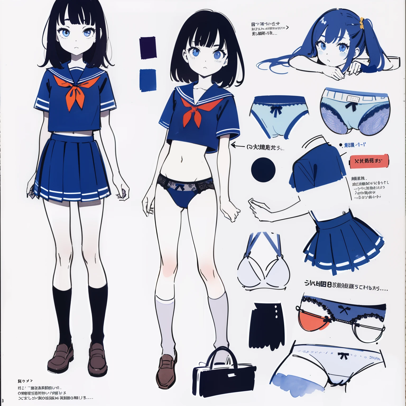 (superflat, flat shading, flat colors), assembly instruction for a schoolgirl, text, , school uniform, panties, watercolor
