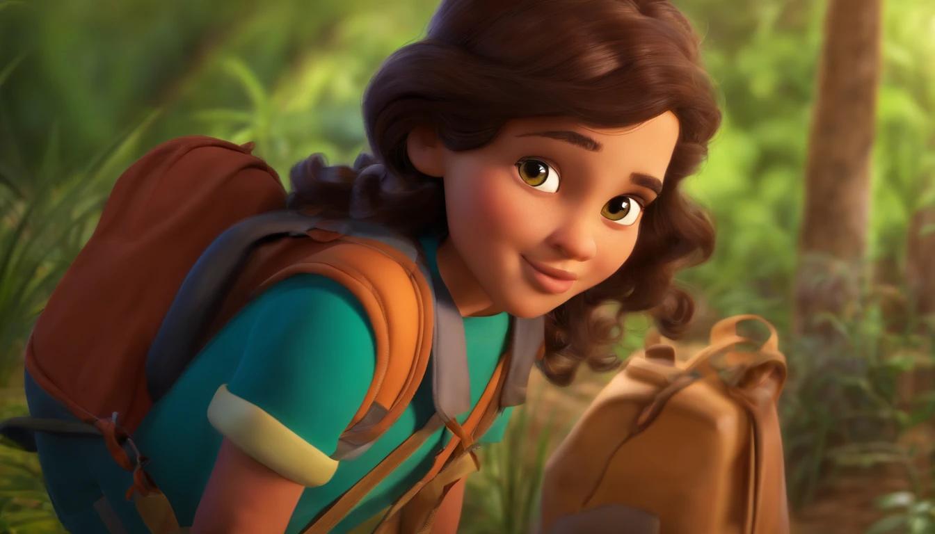2. The young explorer, Mia, with a look of determination, packing her bag for the journey.