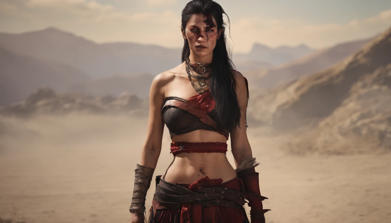 Mad Max Woman, photographrealistic, Postapocalypse、rifle、(((naked))), huge tit、Young woman、Lots of skin photo realistic, captivating asian woman, blond hair, ponytail, dark black eye makeup,red lips, black and red dress reminiscent of a villainess from a dark fantasy world, daring goth look, with a enormous chest, choker-style collar adorning her chest is a stunning magical amulet with a red gem, spooky lighting in shades of white yellow and faint oranges cast an eerie yet enchanting glow upon the girl, unreal engine 5 powered fantasy scene.
