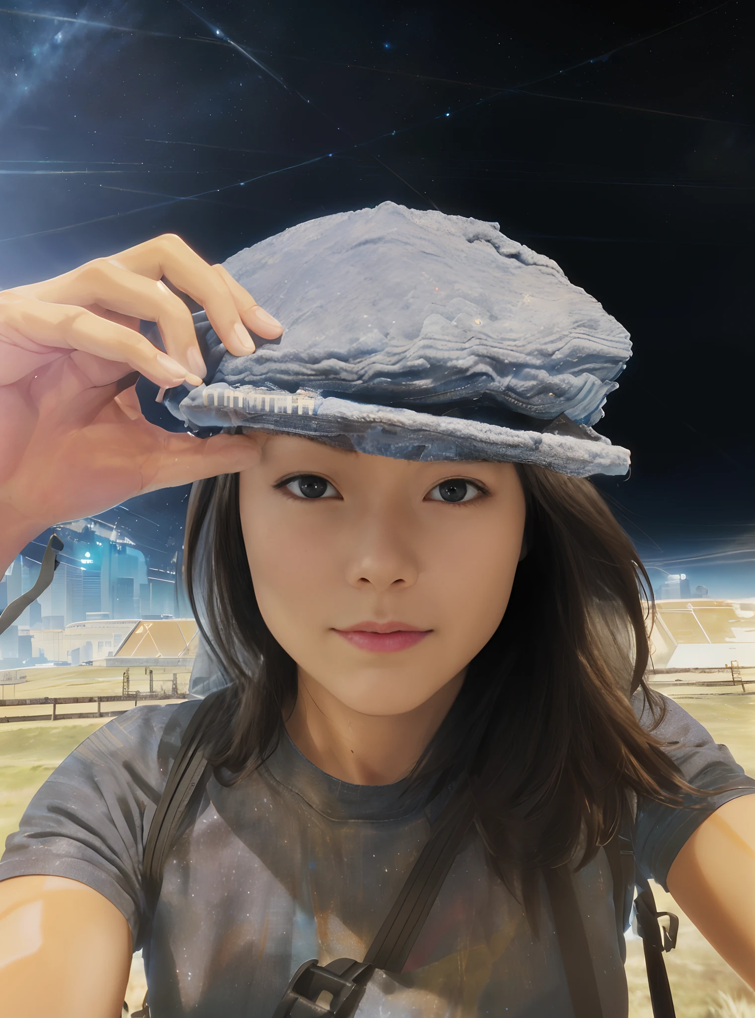 photorealistic movie still of a cyberpunk, 10k high resolution, psychedelic trip, (beautiful and magnificent skyline, majestic sky), (extremely tense and dramatic pictures, moving visual effects), (high hanging Polaris, colorful natural light), (1girl), (denim shorts, carrying a backpack), (dynamic pose:1.3, black eyes, sparkling girl)[:0.8], (large grassland), (oncoming breeze), (brown hair and background Coordination effect: 1.2), (close shot, long shot mix and match)[::0.9]