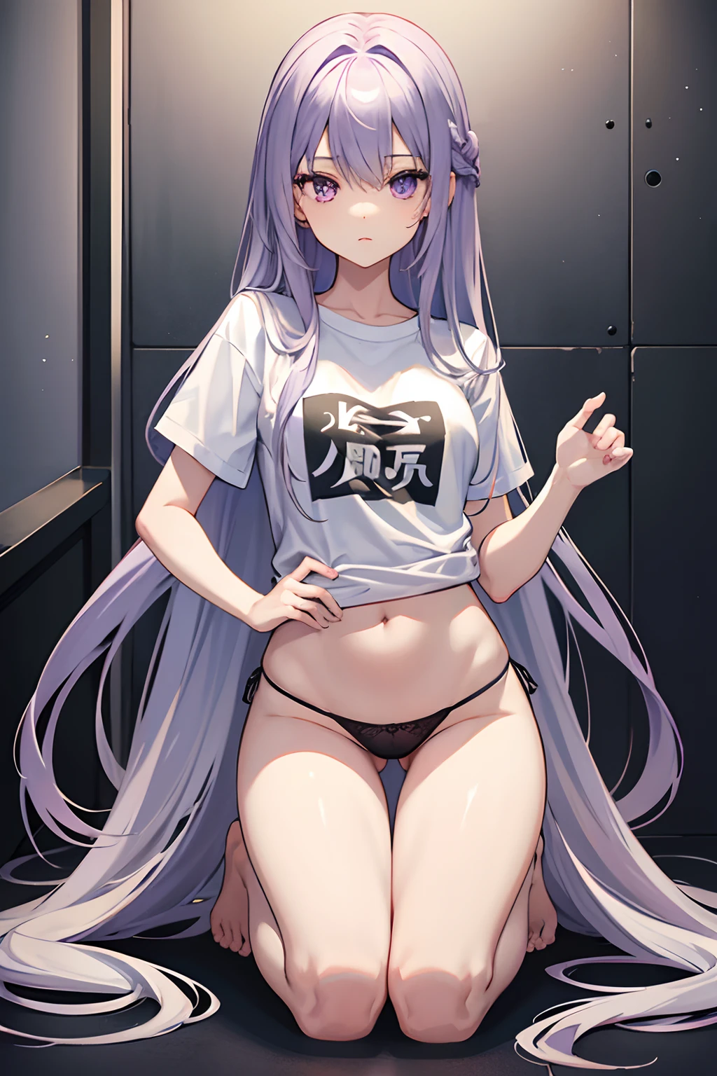 Girl 170cm, thin waist, purple eyes, long silver hair, big hips, small breasts, wearing a T-shirt, underwear, kneeling, no panties