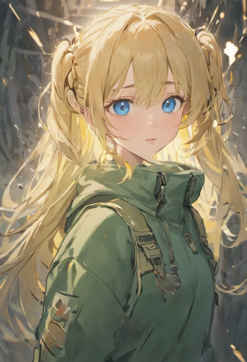half body portrait of a beautiful woman with blue eyes in a sweater and cargo military camouflage pants with blonde 2 braids and bang hairstyle with head in motion and hair flying, paint splashes, splatter, outrun, vaporware, shaded flat illustration, digital art, trending on artstation, highly detailed, fine detail, intricate