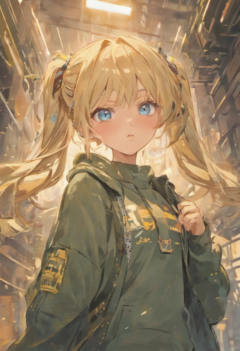 half body portrait of a beautiful woman with blue eyes in a sweater and cargo military camouflage pants with blonde 2 braids and bang hairstyle with head in motion and hair flying, paint splashes, splatter, outrun, vaporware, shaded flat illustration, digital art, trending on artstation, highly detailed, fine detail, intricate