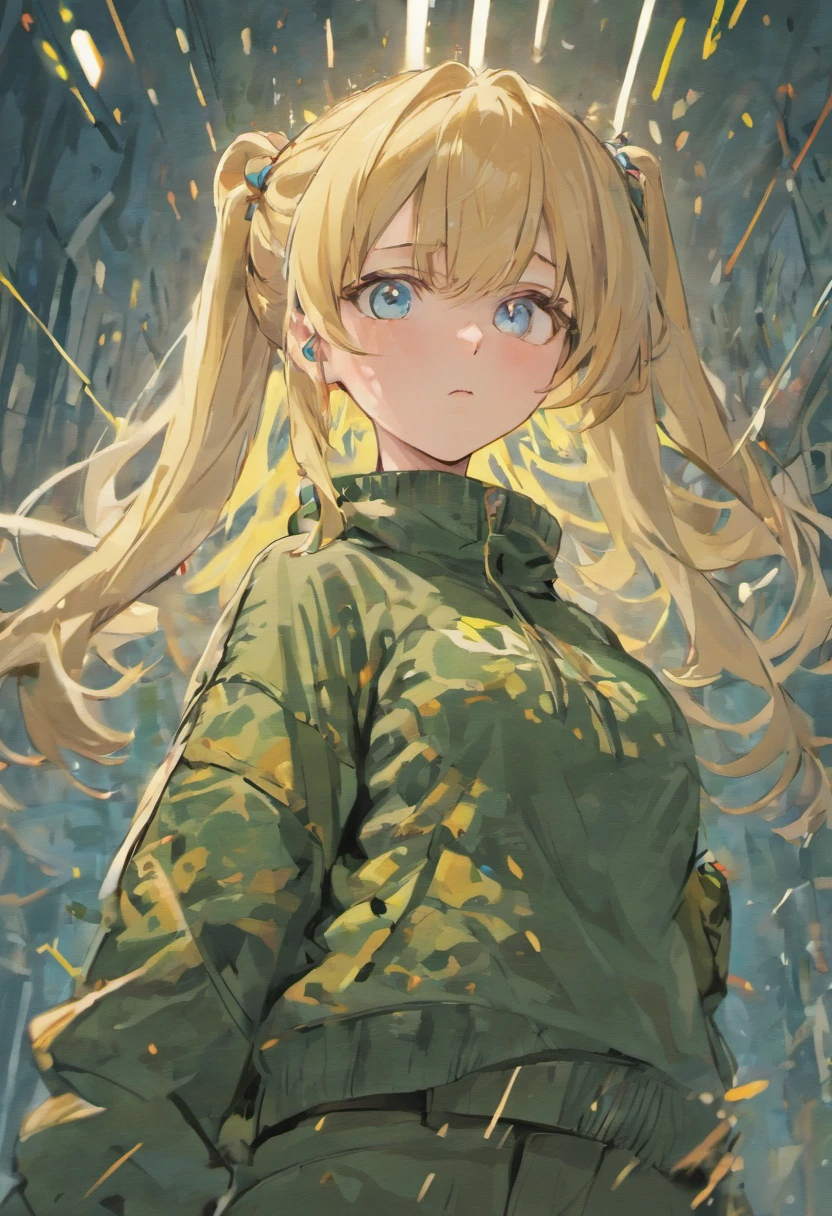half body portrait of a beautiful woman with blue eyes in a sweater and cargo military camouflage pants with blonde 2 braids and bang hairstyle with head in motion and hair flying, paint splashes, splatter, outrun, vaporware, shaded flat illustration, digital art, trending on artstation, highly detailed, fine detail, intricate