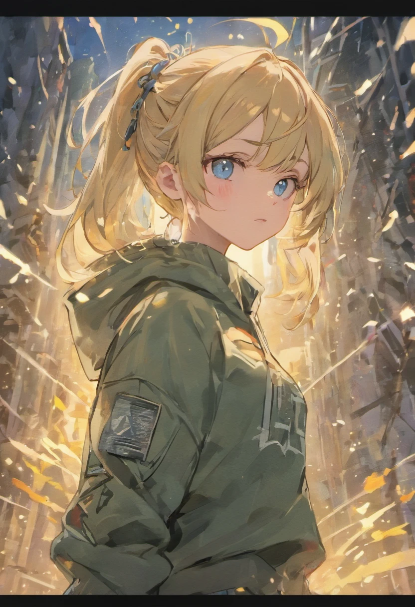 half body portrait of a beautiful woman with blue eyes in a sweater and cargo military camouflage pants with blonde 2 braids and bang hairstyle with head in motion and hair flying, paint splashes, splatter, outrun, vaporware, shaded flat illustration, digital art, trending on artstation, highly detailed, fine detail, intricate