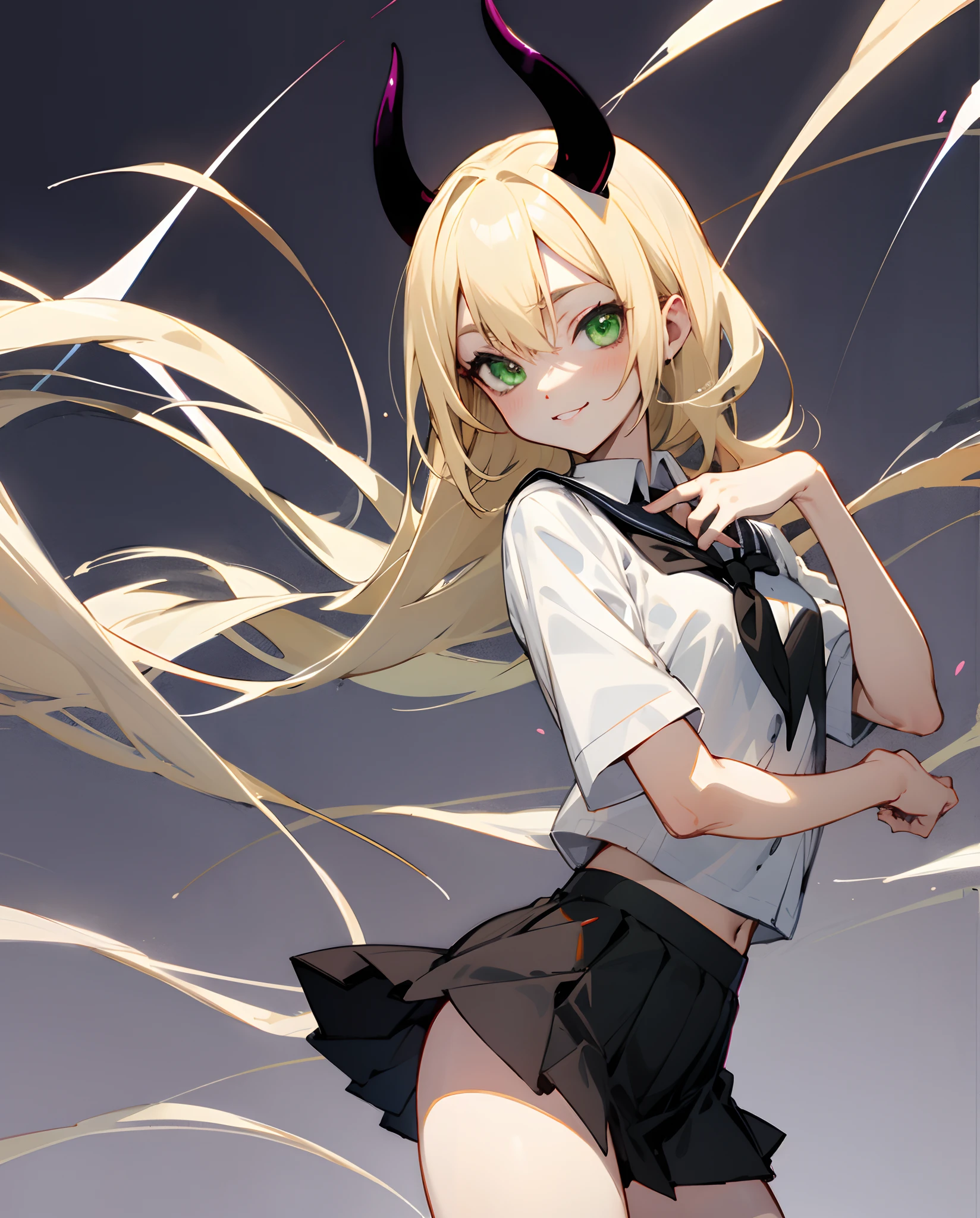 Anime style drawing, succubus, blonde, green eyes, white school uniform, black skirt, short skirt, seductive