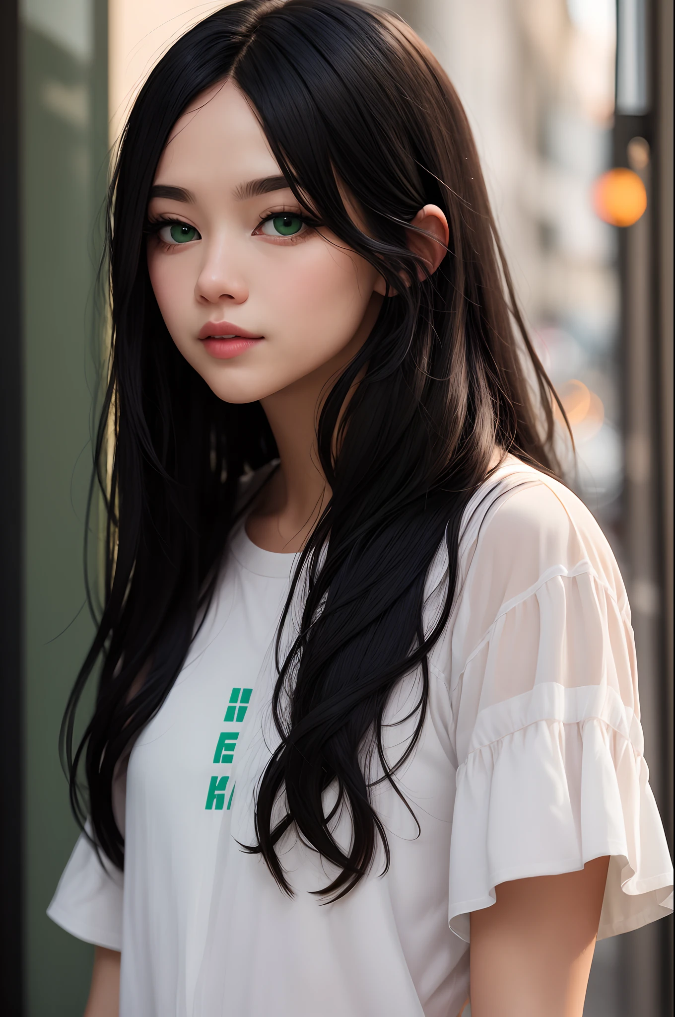 White girl, long messy black hair, dark green eyes, slim eyes, trans, flat