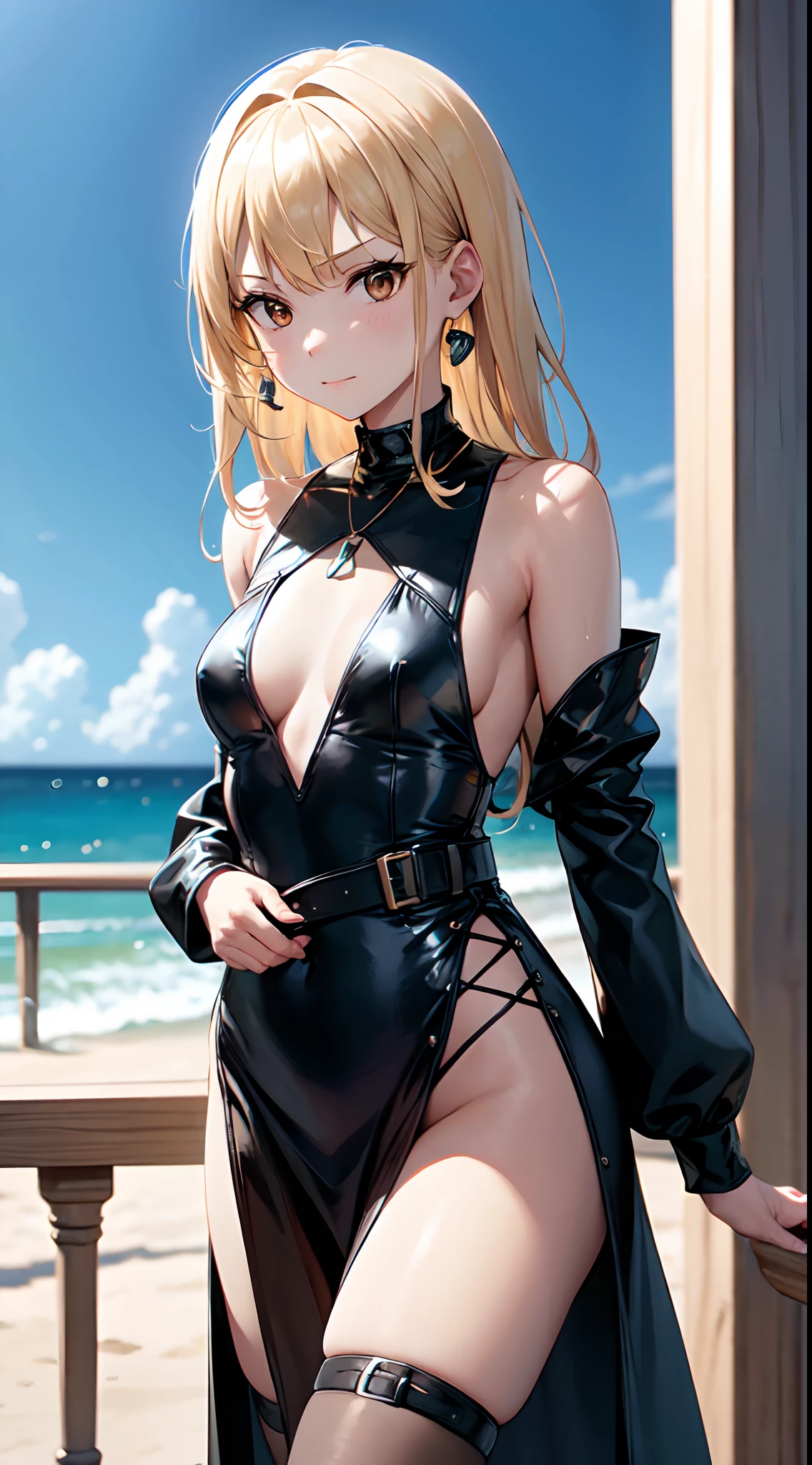 1girl, blond hair almost to the ground, one-piece black leather outfit with a translucent neckline and 4 straps along the front attached to a belt around the nec, short black loose dress, bare shoulders, black stockings ending before the end of the dress, black high heels, sleeves from elbow loose at the wrists, bow at waist level at the back, Brown eyes, standing in front of barrier with sea in the back, small smile, necklaces with dolphin, hanging earrings with a blue stone
