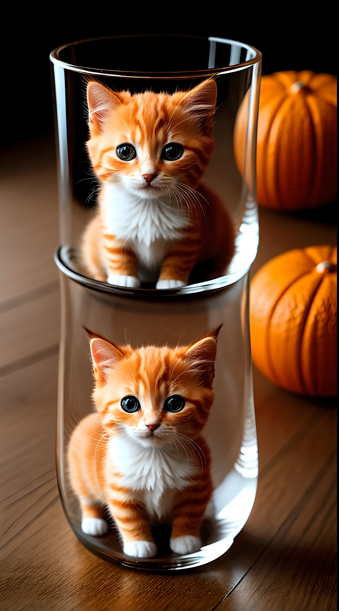 Cute orange kitten in tea glass, centered, photorealistic, intricate details, cinematic