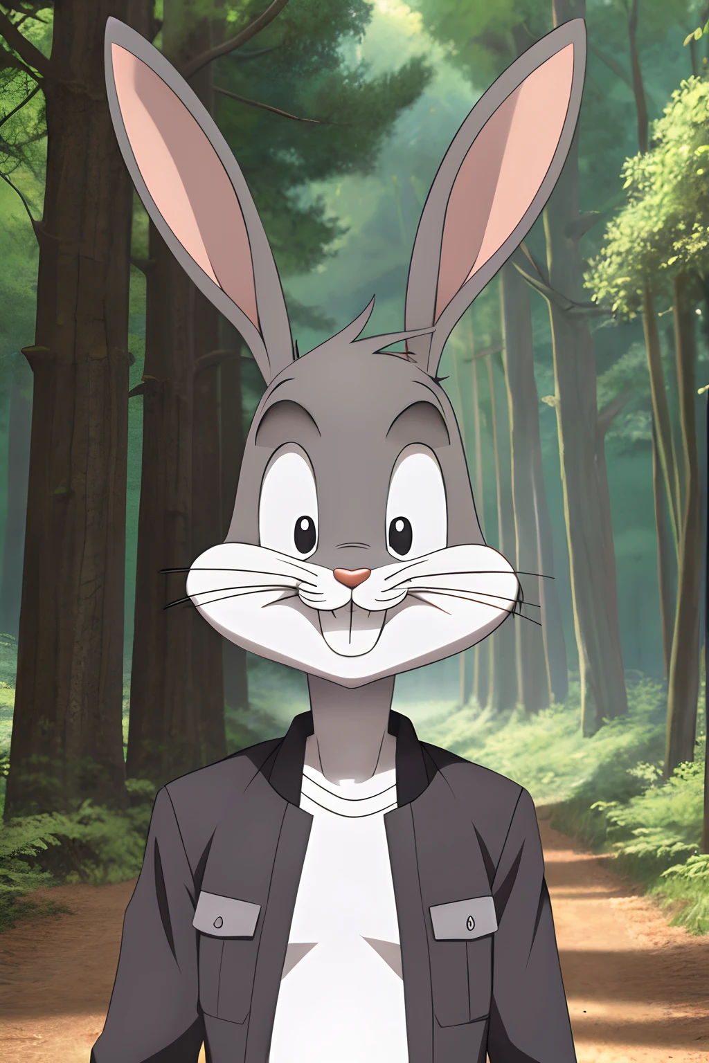 gloves, male, solo, bugs bunny, rabbit, buckteeth, forest, long ears, grey body, grey fur, white fur,furry,anime style, anime screencap, 2010s_\(style\), grin, forest, upper body, short-sleeved jacket with white lining, no eyebrows