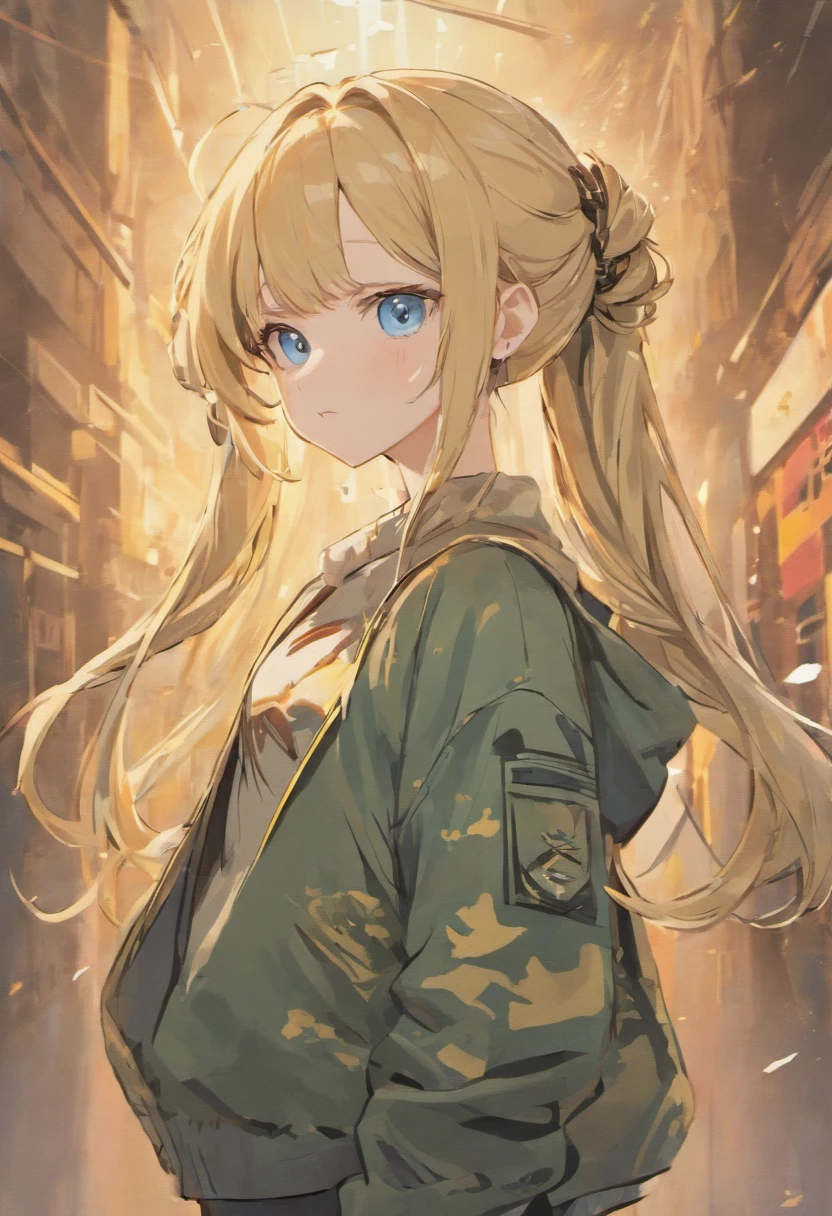 half body portrait of a beautiful woman with blue eyes in a sweater and cargo military camouflage pants with blonde 2 braids and bang hairstyle with head in motion and hair flying, paint splashes, splatter, outrun, vaporware, shaded flat illustration, digital art, trending on artstation, highly detailed, fine detail, intricate, 1girl, blonde hair, braided hairstyle, bangs hair, hairstyle with braids, blue eyes