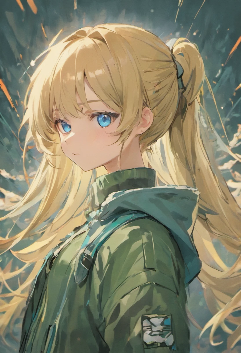 half body portrait of a beautiful woman with blue eyes in a sweater and cargo military camouflage pants with blonde 2 braids and bang hairstyle with head in motion and hair flying, paint splashes, splatter, outrun, vaporware, shaded flat illustration, digital art, trending on artstation, highly detailed, fine detail, intricate, 1girl, blonde hair, braided hairstyle, bangs hair, hairstyle with braids, blue eyes