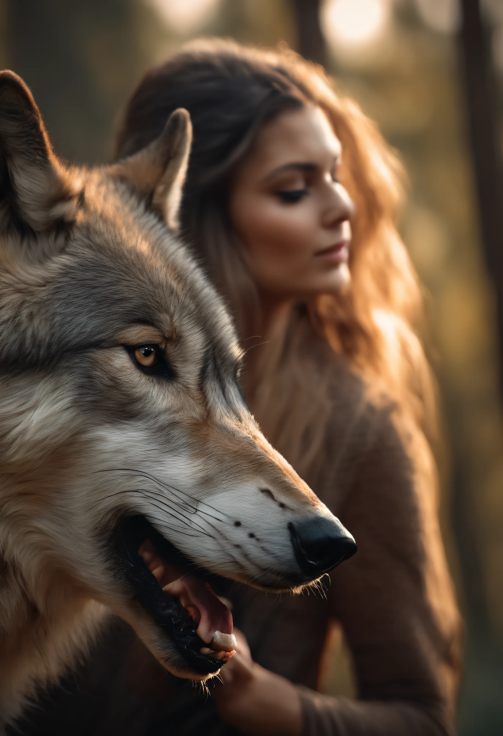 A huge wild gray wolf protecting a beautiful girl
(masterpiece: 1.5) (photorealistic: 1.1) (bokeh) (best quality) (detailed skin texture pores hair: 1.1) (intricate) (8k) (HDR) (wallpaper) (cinematic lighting) (sharp focus )
