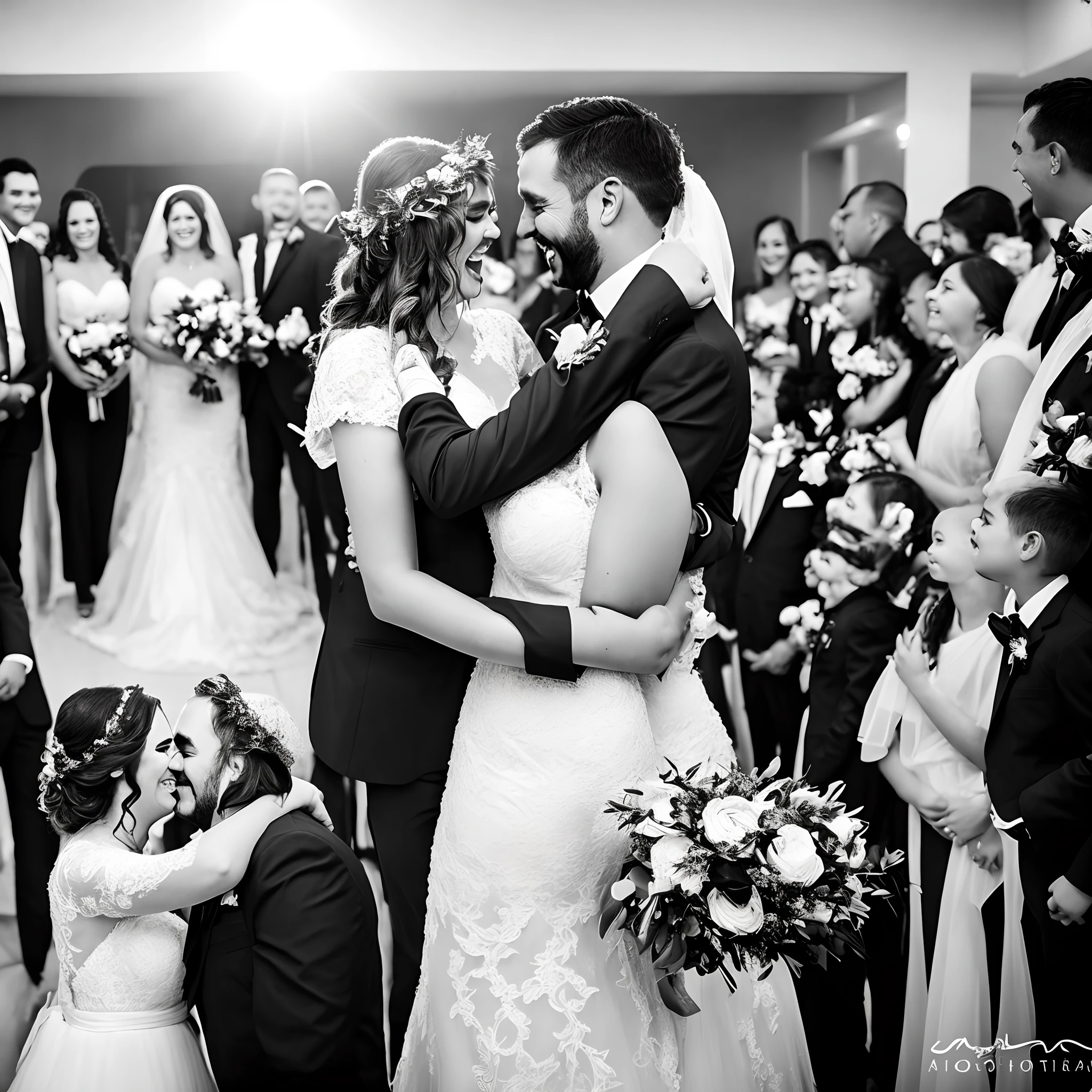 Crie foto realistica de uma noiva feliz em um dia ensolarado segurando seu convite de casamento