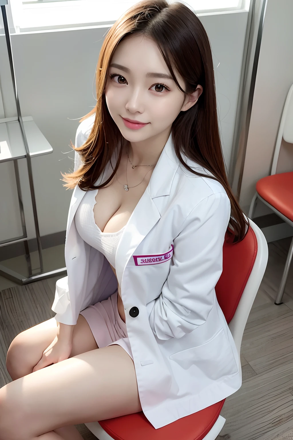 Female doctor in white coat、1Man Woman、(Smile Face:1.1)、Slim Face、The most beautiful women in the world、hyperdetailed face、Detailed eye、二重まぶた、Kamimei、perfect teeth、Perfect tooth alignment、(glistning skin)、(sun-kissed skin)、(real looking skin)、Blurred background、full body Esbian、frontage、Slim Face、Brightly colored clothing、Sit in a chair in the exam room、Wear a stethoscope、From above、a miniskirt、beautiful hairl、I can see the cleavage、Full Body Pose、(pureerosface_v1:0.8)、a small face、ssmile、A sexy、hide one's hands,spreading legs、