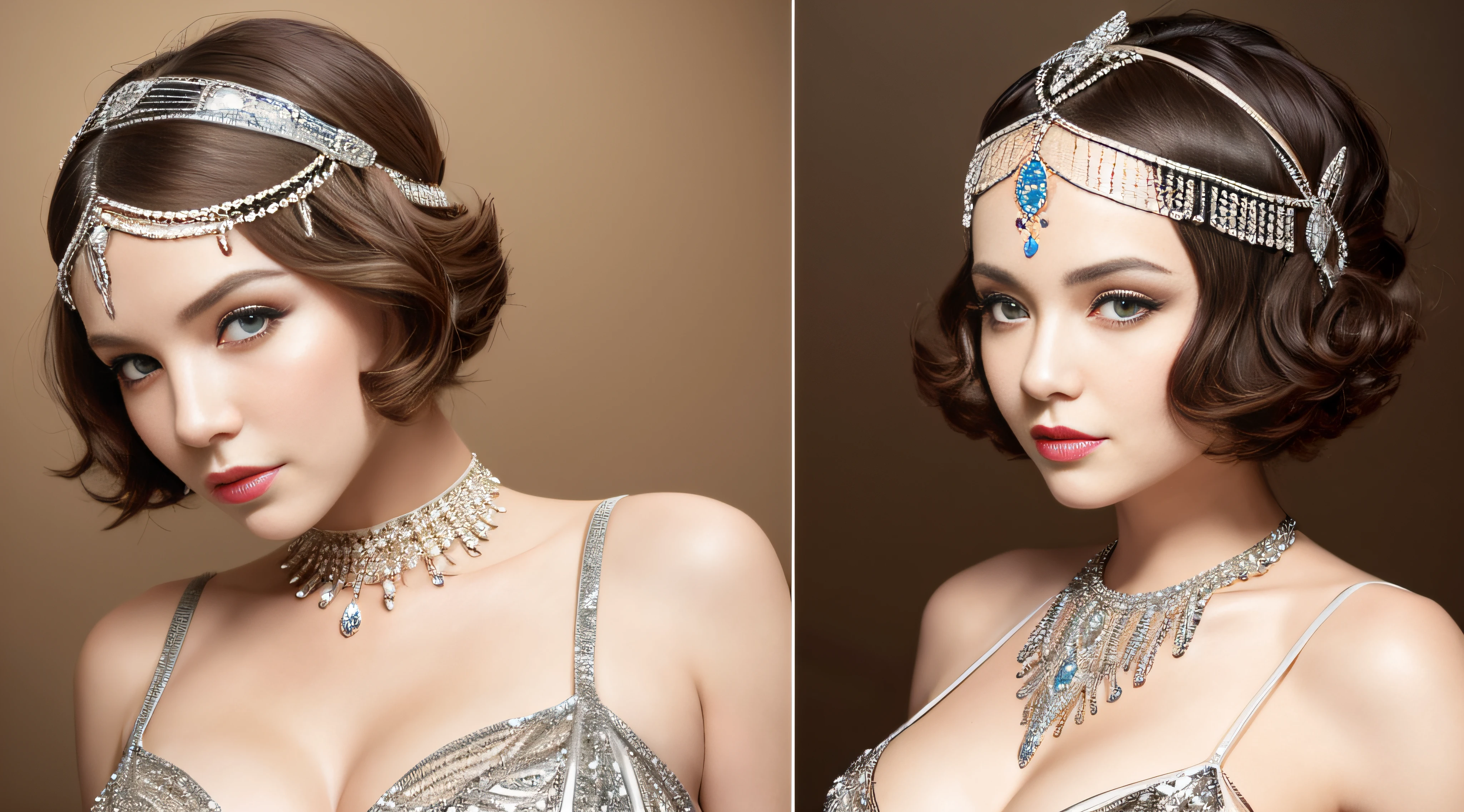 Glamorous Gatsby-Inspired Portraits: Create elegant and timeless portraits of a Flapper with large breast in full Gatsby attire, complete with a sequined dress and feathered headband., full body, highly detailed