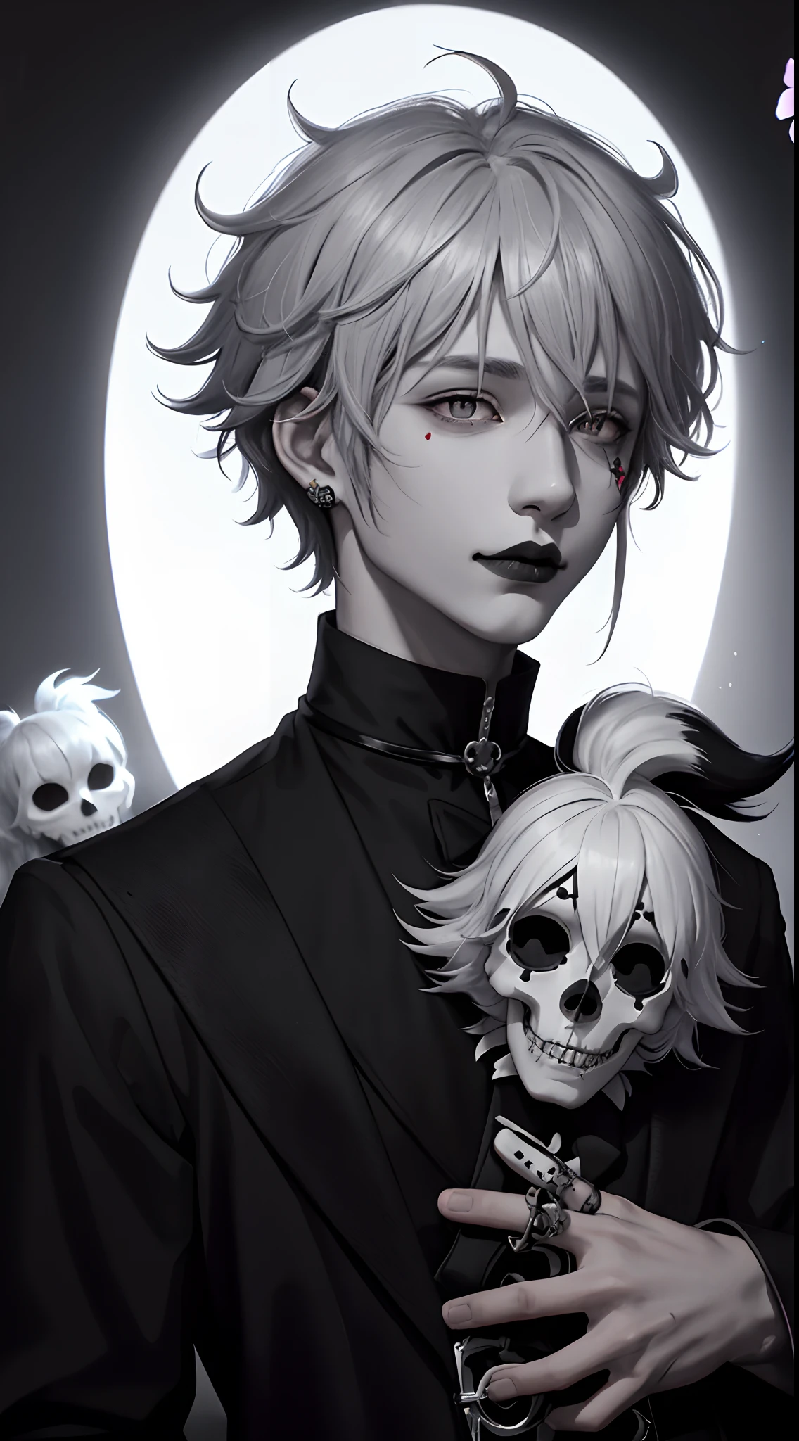 Anime clown boy no nose skin color grey hair color black color palette black white aesthetic black cats black skull black flowers black fire
