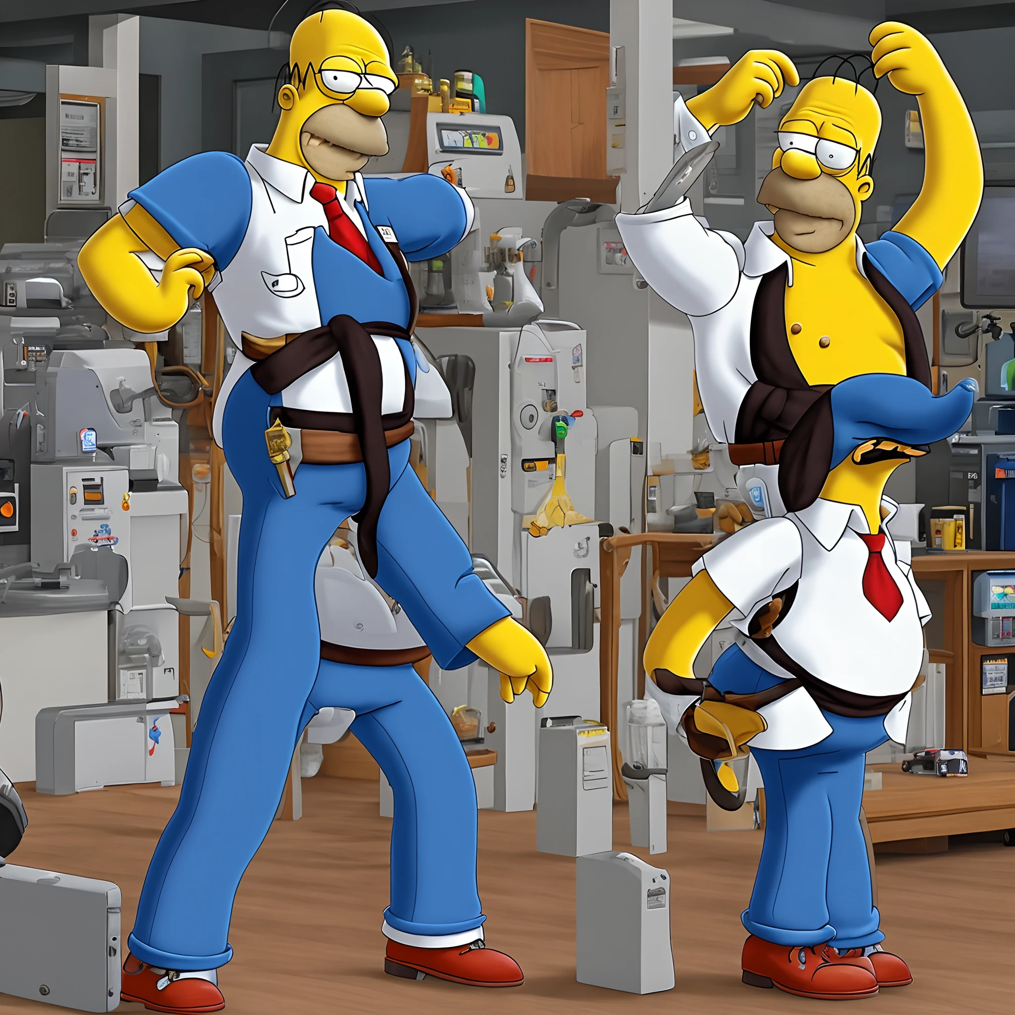 homer Simpson, wearing his usual white shirt and blue jeans, however this time he's got a black belt and he's a bit more muscular. He's still got a belly.