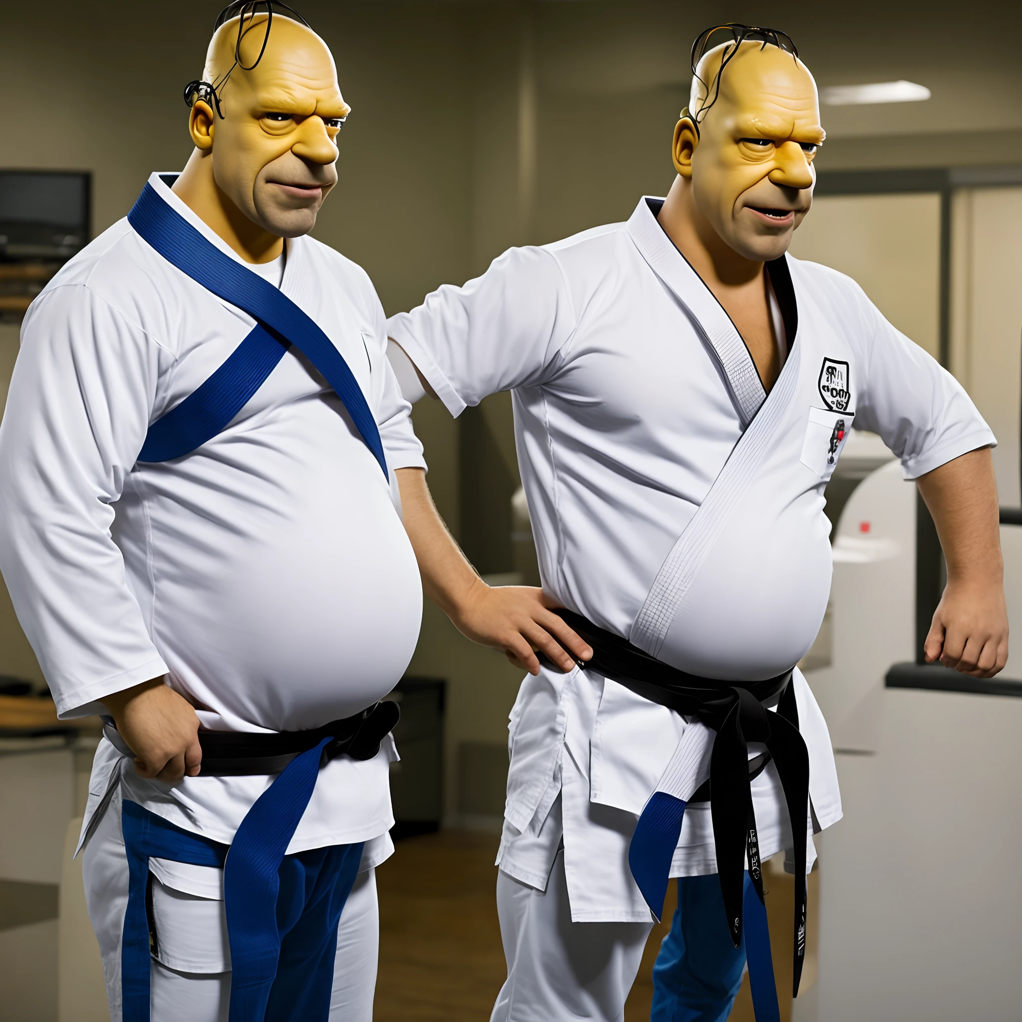 homer Simpson, wearing his usual white shirt and blue jeans, however this time he's got a black belt and he's a bit more muscular. He's still got a belly.