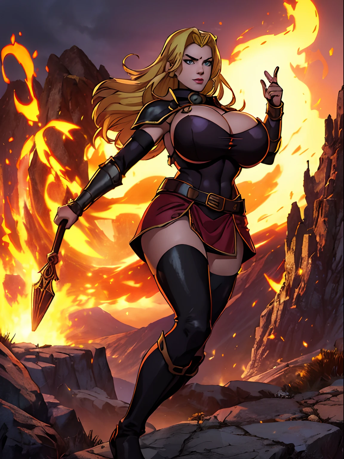 (masterpiece, top quality, best quality, official art, beautiful and aesthetic:1.2), (1girl:1.3), ((long blonde hair)), light freckles, fair skin, extremely detailed, portrait, looking at viewer, solo, (full body:0.6), detailed background, close up, (hot volcanic theme:1.1), fiery mage, charlatan, smirk, mysterious, fiery red hair, flaming hair, flames, casting spells in mountains, skimpy attire, steampunk copper armor, dark red cowl, ((plate, boob a)), crop top, armored crop top, gorget, ((goggles on forehead)), fingerless gloves, loose sleeves, greaves, thigh-high long boots, black skirts, long skirts, tattered skirts, red and black fabric, dark leather, ((((gigantic breasts))) waist, slim hips, long legs, medieval (mountain exterior:1.1) background, dark mysterious lighting, shadows, magical atmosphere, dutch angle,