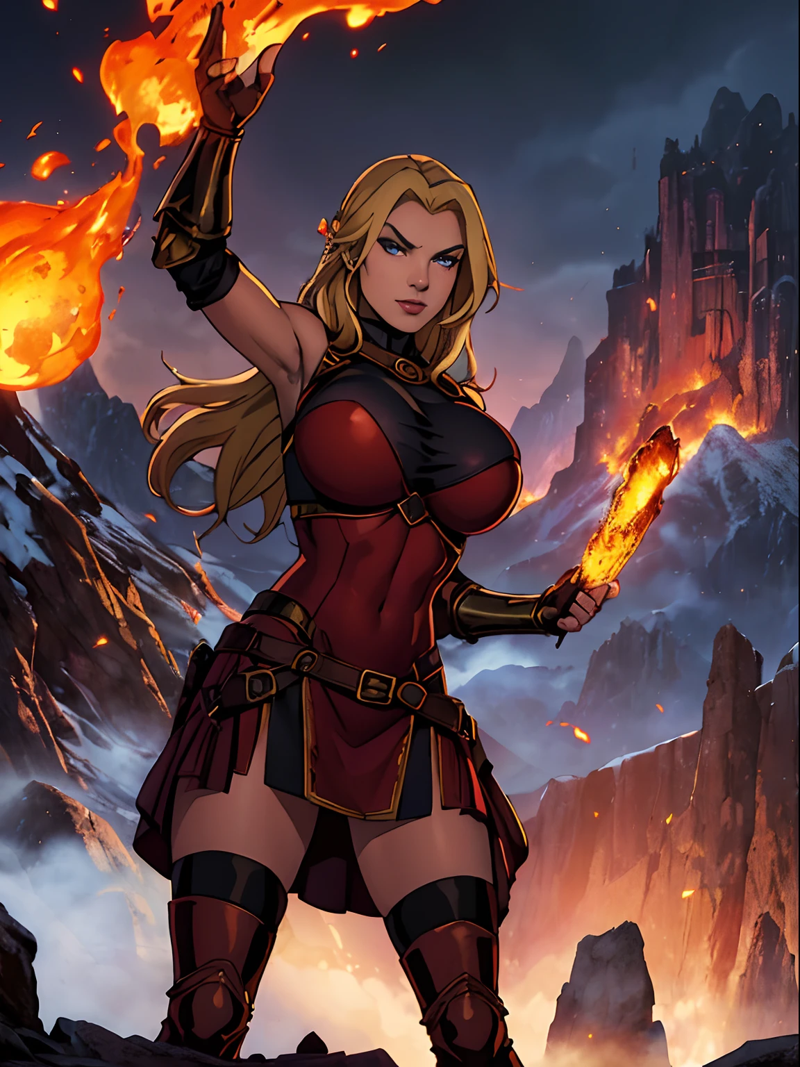 (masterpiece, top quality, best quality, official art, beautiful and aesthetic:1.2), (1girl:1.3), ((long blonde hair)), light freckles, fair skin, extremely detailed, portrait, looking at viewer, solo, (full body:0.6), detailed background, close up, (hot volcanic theme:1.1), fiery mage, charlatan, smirk, mysterious, fiery red hair, flaming hair, flames, casting spells in mountains, skimpy attire, steampunk copper armor, dark red cowl, ((breastplate, boob armor)), crop top, armored crop top, gorget, ((goggles on forehead)), fingerless gloves, loose sleeves, greaves, thigh-high long boots, black skirts, long skirts, tattered skirts, red and black fabric, dark leather, ((((gigantic breasts)))), slim waist, slim hips, long legs, medieval (mountain exterior:1.1) background, dark mysterious lighting, shadows, magical atmosphere, dutch angle,