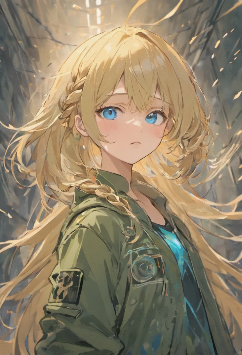 half body portrait of a beautiful woman with blue eyes in a sweater and cargo military camouflage pants with blonde hair with head in motion and hair flying, paint splashes, splatter, outrun, vaporware, shaded flat illustration, digital art, trending on artstation, highly detailed, fine detail, intricate, 1girl, blonde hair, braided hairstyle, bangs hair, hairstyle with braids, blue eyes