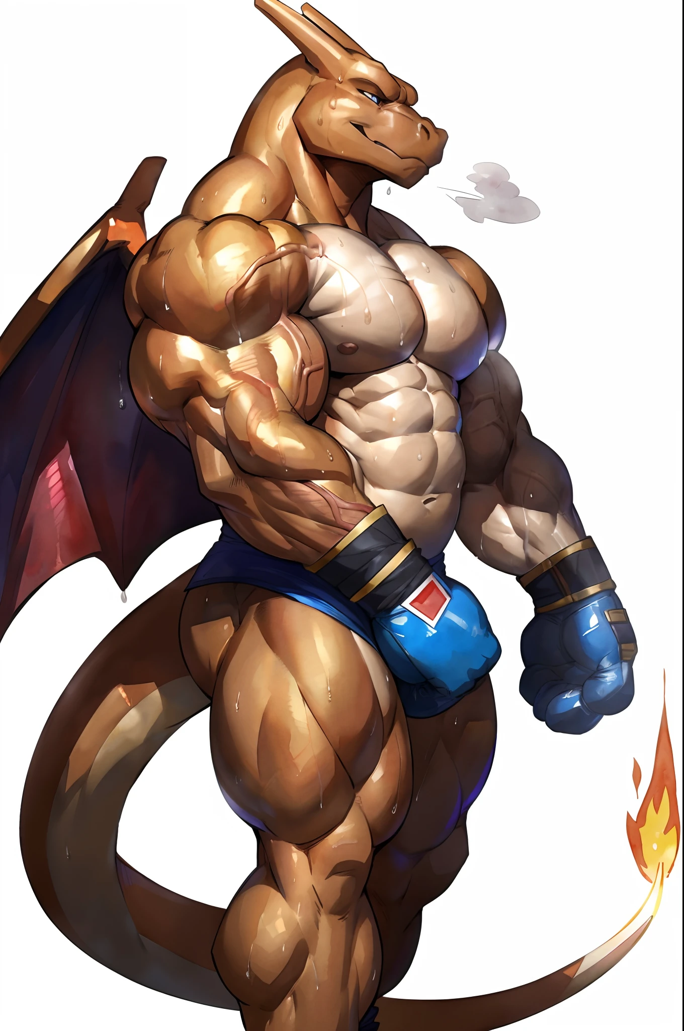 athletic charizard. 4k, high resolution, best quality, posted on e621, solo, anthro body, older male, male, adult, very masculine, dense muscles (tough build):1.5, correct anatomy, (white background, no background:1.2), (by grimfaust:1.2), (by wfa, by vorusuarts, by Traver009:1.0), (bare torso:1.1), (boxers, genital_outline:1.0), (blue boxing gloves), bare paws, musclegut, (detailed eyes:1.2), sexy, (cel shaded:1.2), (sweat:1.5), visible breath, shiny muscles, sweat:1, cartoony shading, (watercolors:1.2), strong shadows, confident, proud, , (vascular, veins:1.1), (full body):1