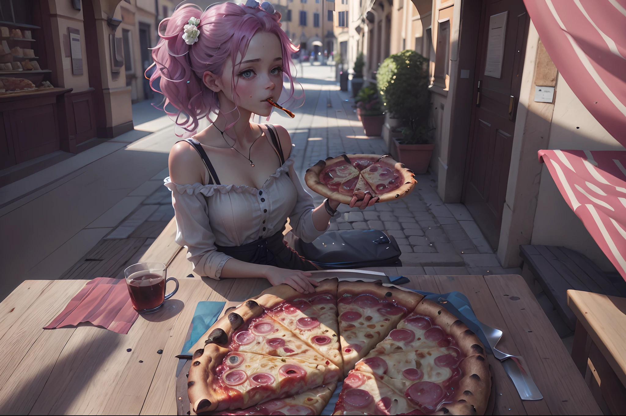 girl eating pizza in italy with pink peony flowwr