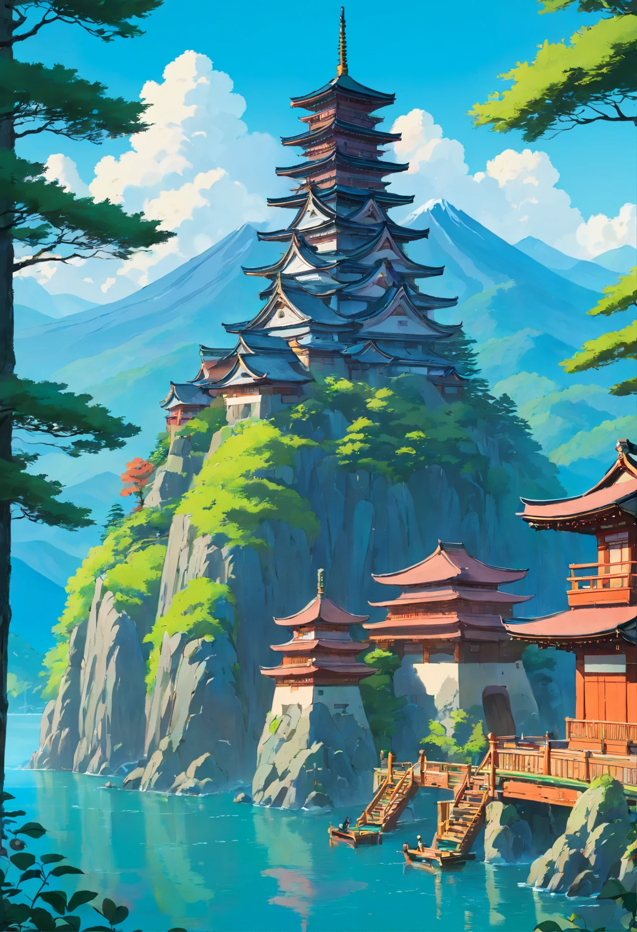 Un endroit calme style Japon avec un lac des montagnes un temple