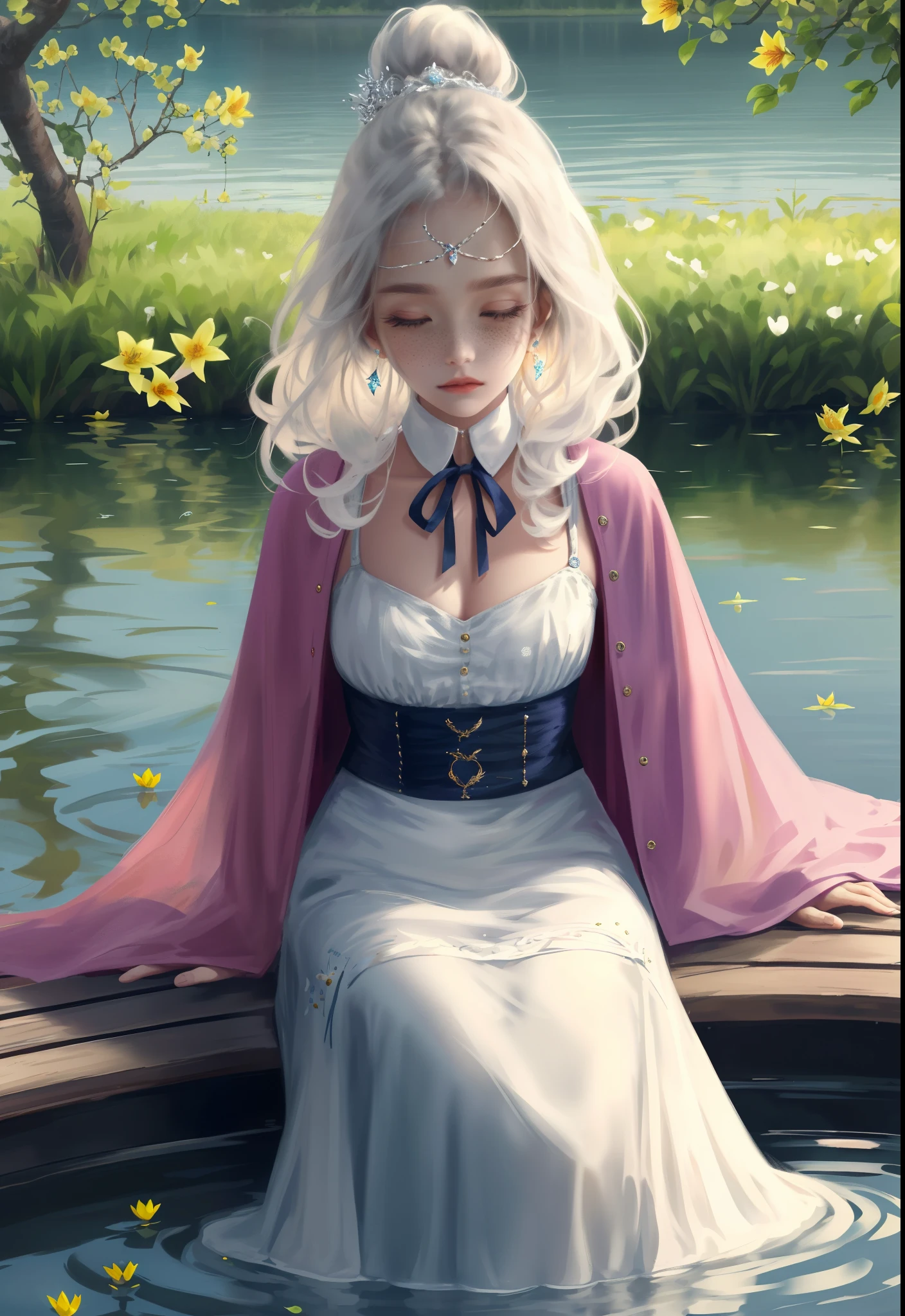 A girl with clear, white skin and eyes closed with yellow eyelashes
Blond shiny in the sunlight and pale freckles and beautiful lips
and a sparkling curl of hair with a beautiful expression
and the clear diamond earrings with the sunlight in it
crowned with a thin branch of a tree, and pale purple flowers, and flowers on the top of her hair, and in a brown dress that attracted the end of her sleeve and at the beginning she had a puffy expression, which was then the neck half the size of white cloth with wavy ribbon around it, and buttoned in the radius line of circular cloth white ribbon and on the button and around the ribbon The white stripes were wavy, and the skirt of her dress was puffy and beautiful, her breasts were rather large as her body, she sat in a pond where the lilies were on the lagoon, and the girl sat in the lagoon, where she felt at ease, and her hands were in the water.
And the sun shines beautifully.
It was the morning and the morning was overflowing with flowers and shrubs.
The sky was a beautiful color.