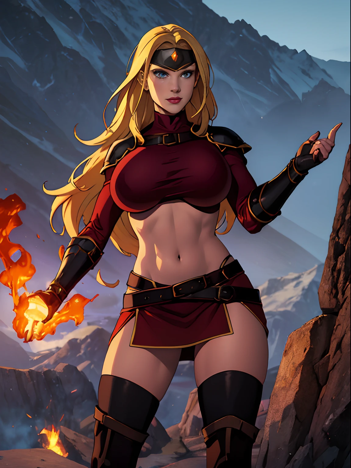 (masterpiece, top quality, best quality, official art, beautiful and aesthetic:1.2), (1girl:1.3), ((long blonde hair)), light freckles, fair skin, extremely detailed, portrait, looking at viewer, solo, (full body:0.6), detailed background, close up, (hot volcanic theme:1.1), fiery mage, charlatan, smirk, mysterious, fiery red hair, flaming hair, flames, casting spells in mountains, skimpy attire, steampunk copper armor, dark red cowl, ((breastplate, boob armor)), crop top, armored crop top, gorget, ((goggles on forehead)), fingerless gloves, loose sleeves, greaves, thigh-high long boots, black skirts, long skirts, tattered skirts, red and black fabric, dark leather, ((((gigantic breasts)))), slim waist, slim hips, long legs, medieval (mountain exterior:1.1) background, dark mysterious lighting, shadows, magical atmosphere, dutch angle,