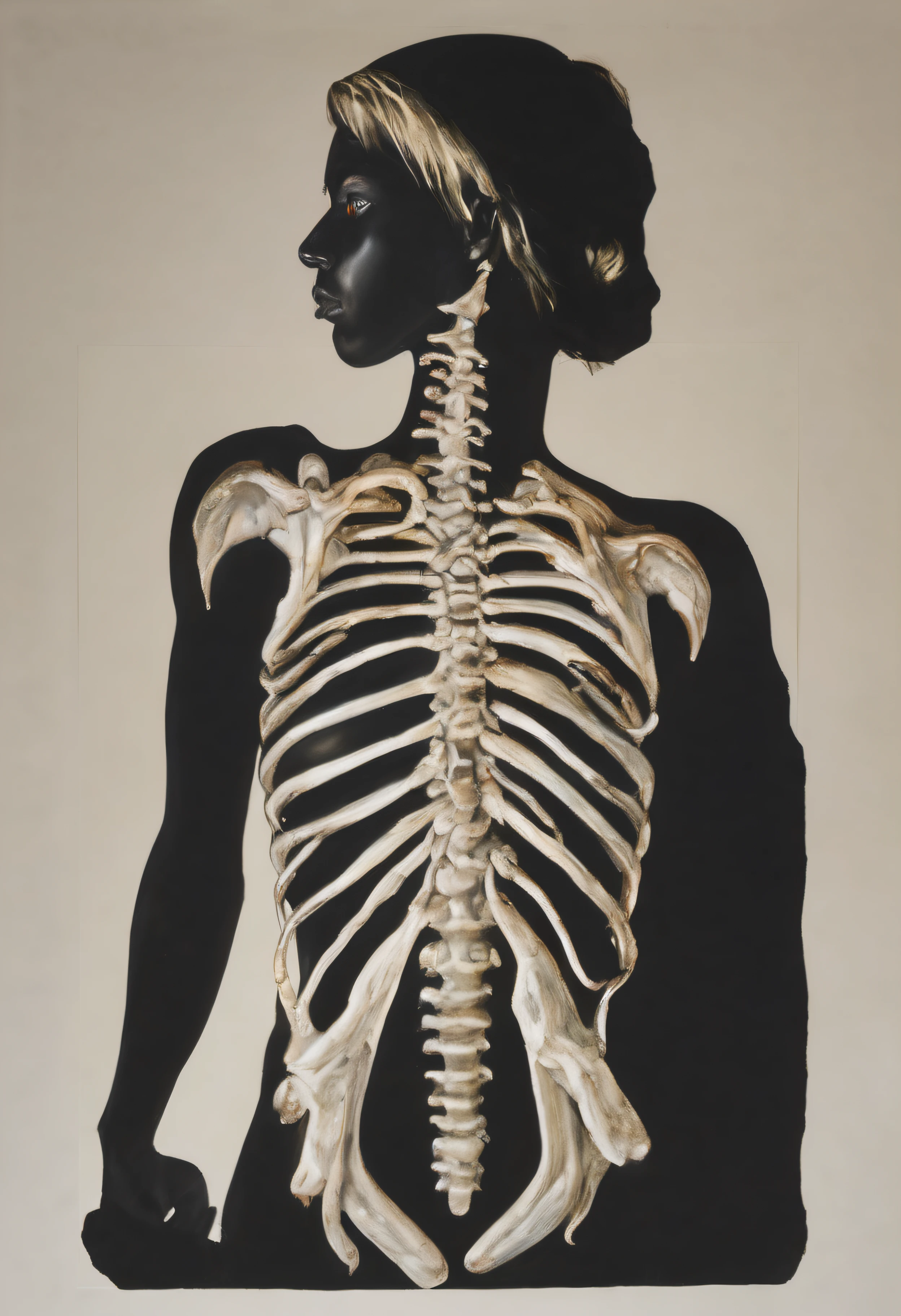 "(The best lighting, alto contraste, oscuro, dramatic),(Chica rubia junto a una cabra negra gigante, Open the rib cage, feto, autopsia, huesos humanos, sangre por las paredes). Luz Caravaggio"