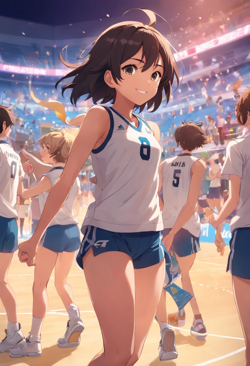 In the intense sports match, a 17-year-old, Black skin, female volleyball player enters with striking beauty. Her face captivates with hazel eyes, delicately arched eyebrows, and plush, rosy lips. Straigh black hair cascades over her shoulders, adding to her allure. The crowd is mesmerized by her presence, eagerly awaiting her every move. ((full body view)), ((full shoes view)), High contrast colors, High-resolution 4K quality, Smiles, handsome