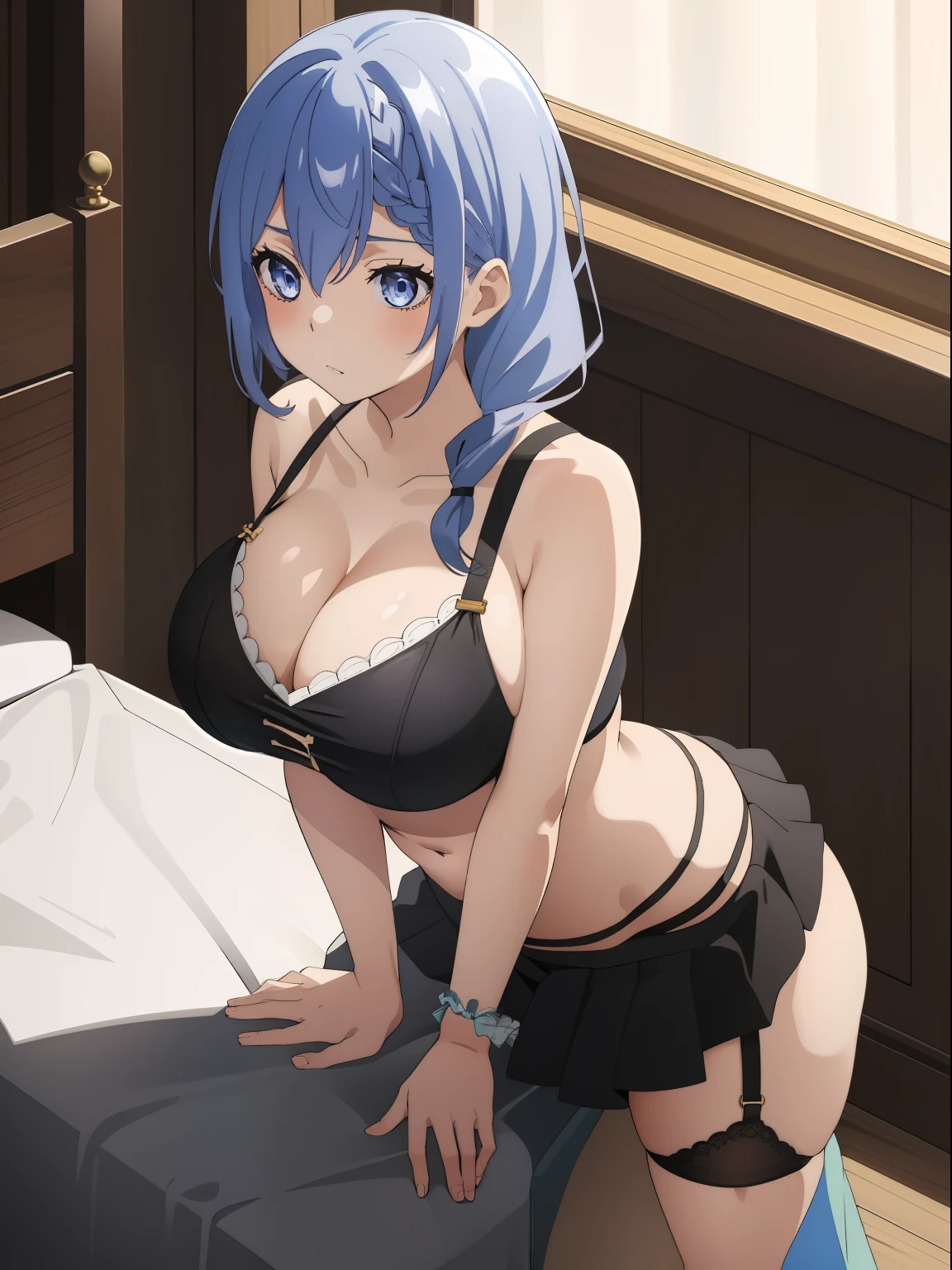 luna,1girl,solo,long hair, braid, hair between eyes, braided bangs, plump breasts , Standing tall pose ,covered transparent, panties, espadrilles , garter straps , on bed,(( cowboy shot)), beautiful, huge breast, cleavage, front view, sitting, horny, midriff