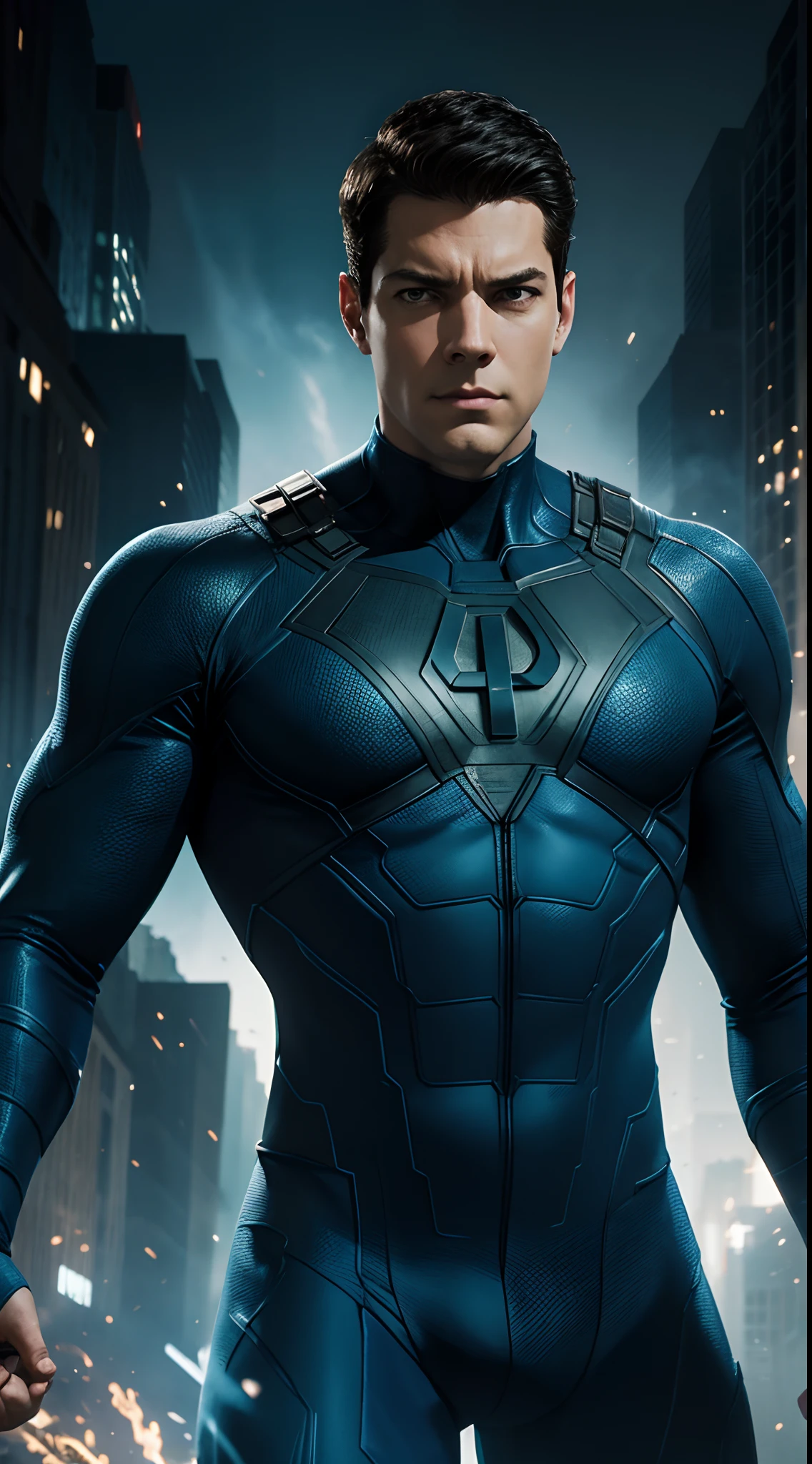 An award-winning original photo,A wild muscular man, (30 years old man:1.3), 1boy, Solo, (wearing a (blue lantern) tight metal suit), (blue ring on a finger), neon blue details, black hair, (big shoulder), muscular, hunk, stubbles, Short beard, (Detailed face:1.3), (beautiful eyes:1.2), soft smile, Dynamic Angle, volumetric lighting, (Best quality, A high resolution, Photorealistic), Cinematic lighting, Masterpiece, , Intricate details, hdr, depth of field, upper body shot, in space background