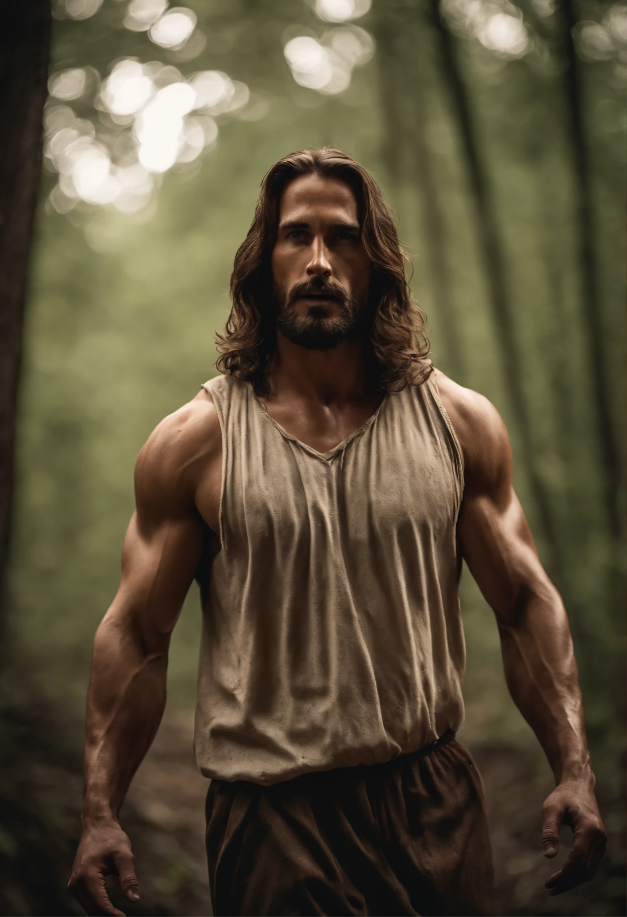 Jesus, muscular body, torn shirt, in a forest, penumbra, high detail face