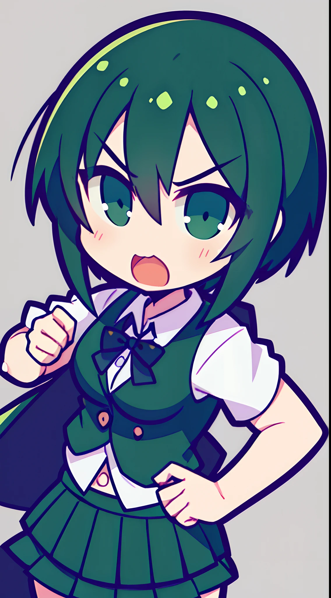 Girl with short green and black hair wearing skirt and formal clothes,Strike angry fighting stances