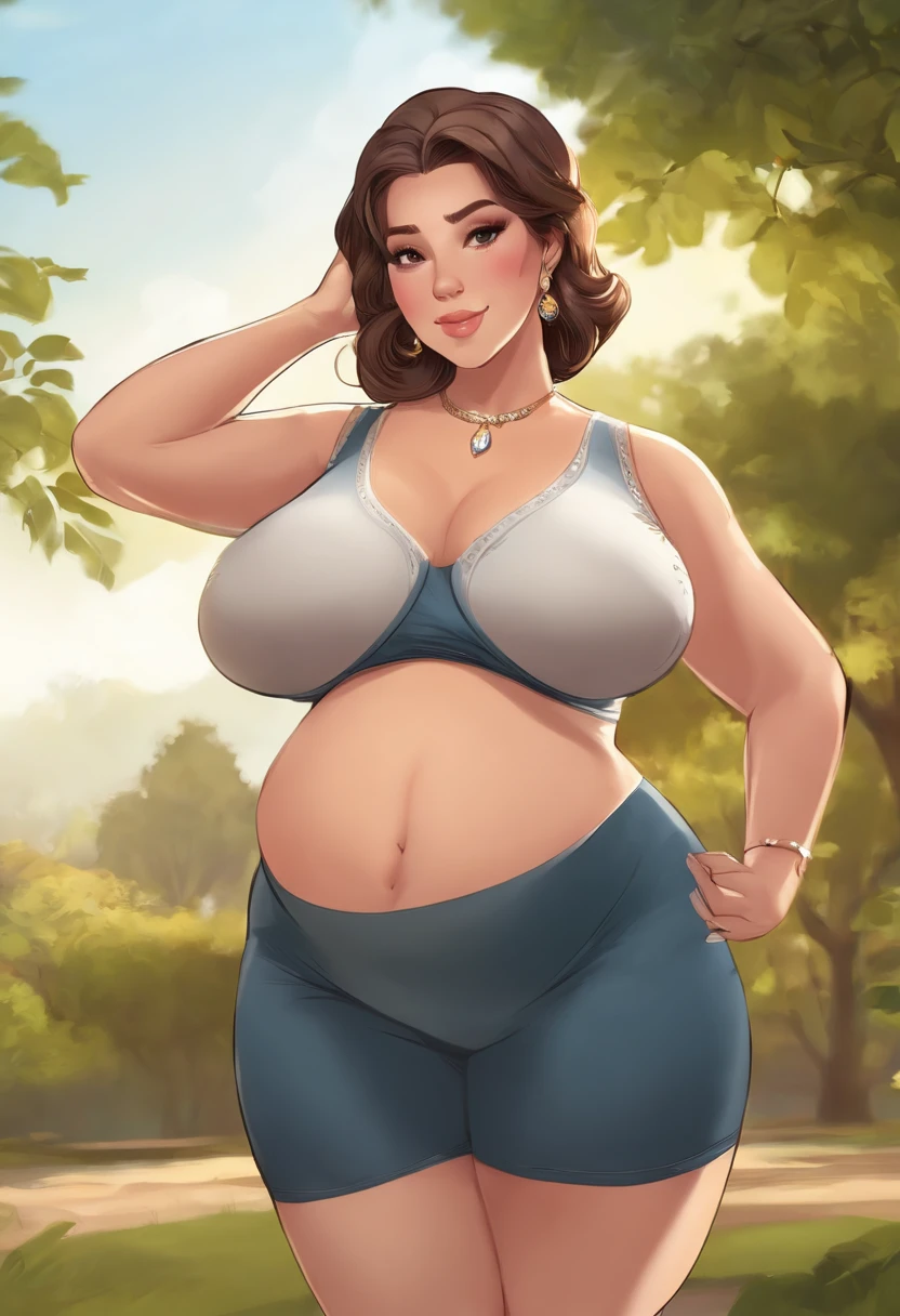 a cartoon picture of a woman with a huge belly, she has a jiggly fat round belly, pregnant belly, her belly is fat and round, big belly, big stomach, bouncy belly, thicc, pregnant, oppai proportions, big cheeks!, belly exposed, big breasts!!, big breasts!, full body close-up shot, oppai