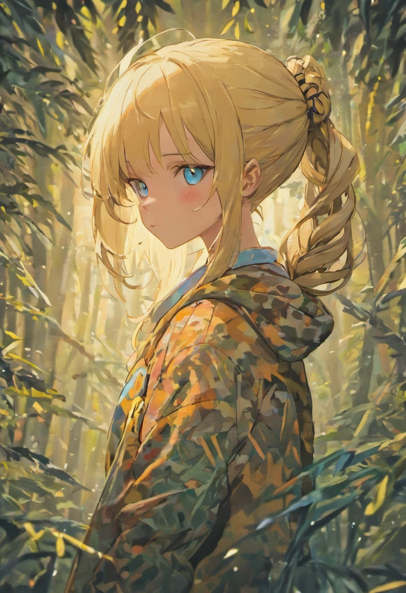 1girl, blonde hair, braided hairstyle, bangs hair, hairstyle with braids, blue eyes, wearing camouflage sweater, high res, ultrasharp, 8k, masterpiece, looking at viewer, forest camouflage, fine brushwork, subtle shading, precise detailing, meticulous artistry, striking contrast, photography, serious, cute, paint splashes, splatter, outrun, vaporware, shaded flat illustration, digital art, trending on artstation, highly detailed, fine detail, intricate