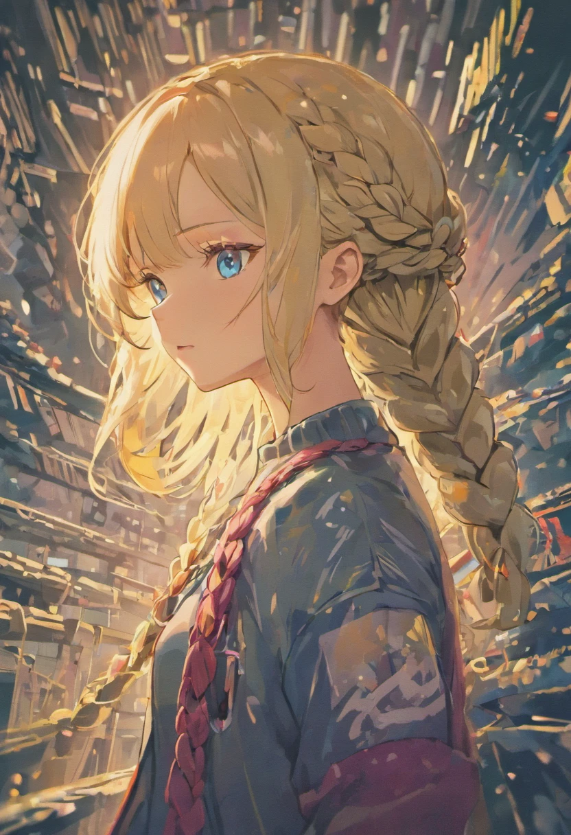1girl, blonde hair, braided hairstyle, bangs hair, hairstyle with braids, blue eyes, wearing camouflage sweater, high res, ultrasharp, 8k, masterpiece, looking at viewer, forest camouflage, fine brushwork, subtle shading, precise detailing, meticulous artistry, striking contrast, photography, serious, cute, paint splashes, splatter, outrun, vaporware, shaded flat illustration, digital art, trending on artstation, highly detailed, fine detail, intricate