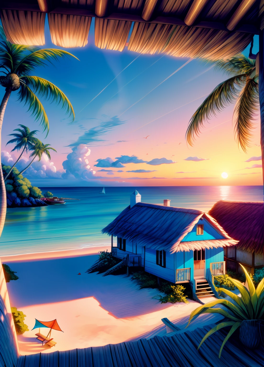 a peaceful seaside landscape, with a beautiful sunset, clear blue waters, sandy beach, palm trees swaying gently in the breeze, colorful seashells scattered on the shore, a cozy beachfront cottage with a thatched roof, a hammock hanging between two trees, a small boat sailing in the distance, vibrant and saturated colors, soft golden lighting.