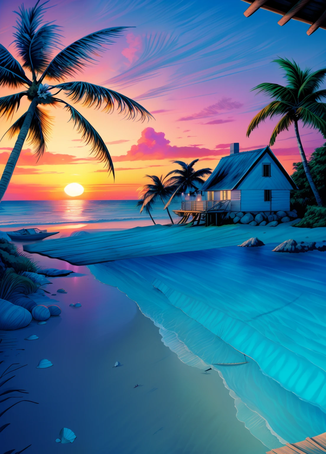 a peaceful seaside landscape, with a beautiful sunset, clear blue waters, sandy beach, palm trees swaying gently in the breeze, colorful seashells scattered on the shore, a cozy beachfront cottage with a thatched roof, a hammock hanging between two trees, a small boat sailing in the distance, vibrant and saturated colors, soft golden lighting.
