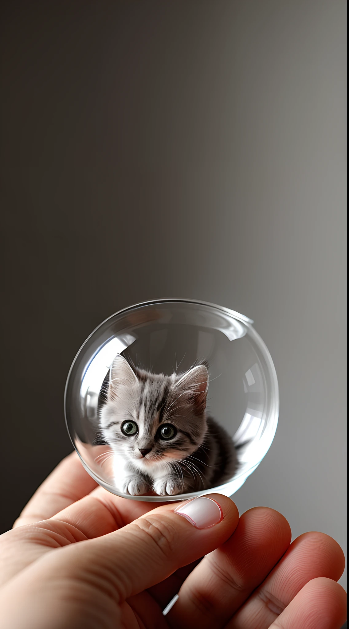Cute small grey kitten in white tea glass, centered, photorealistic, intricate details, cinematic