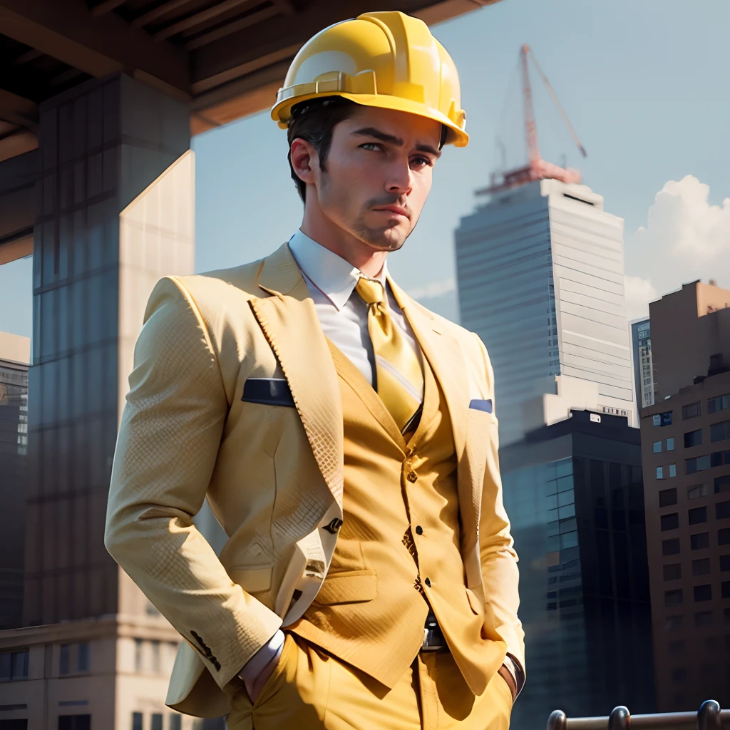American, white, construction man, businessman with yellow hard hat, in yellow suit and tie --auto --s2